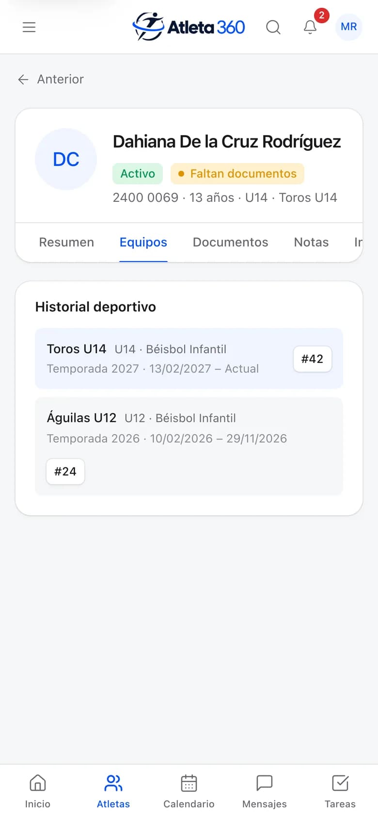 Historial de equipos de un atleta de demostración, temporada por temporada.