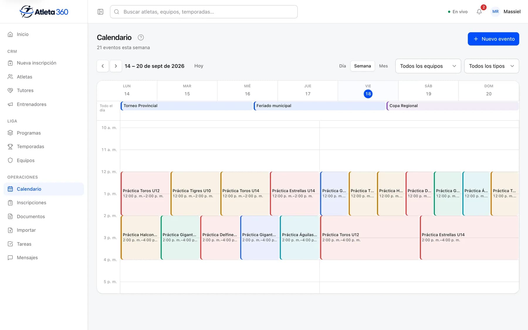 Calendario semanal de una liga de demostración con prácticas y juegos.
