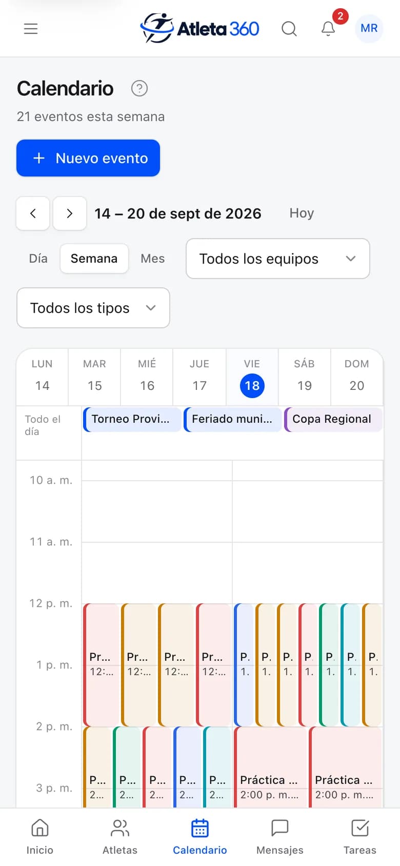 The weekly calendar of a demonstration league, with practices and games.