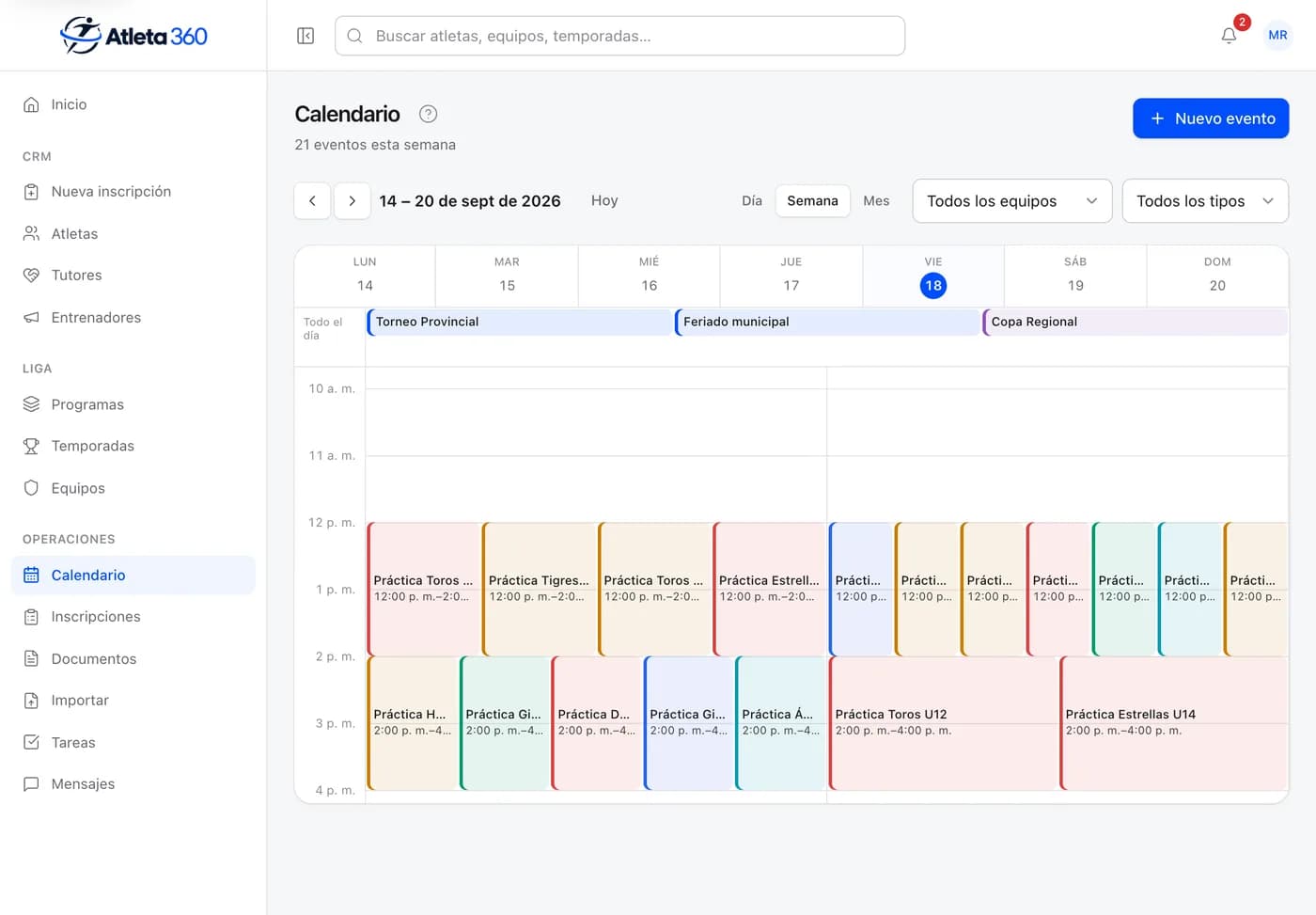 The weekly calendar of a demonstration league, with practices and games.