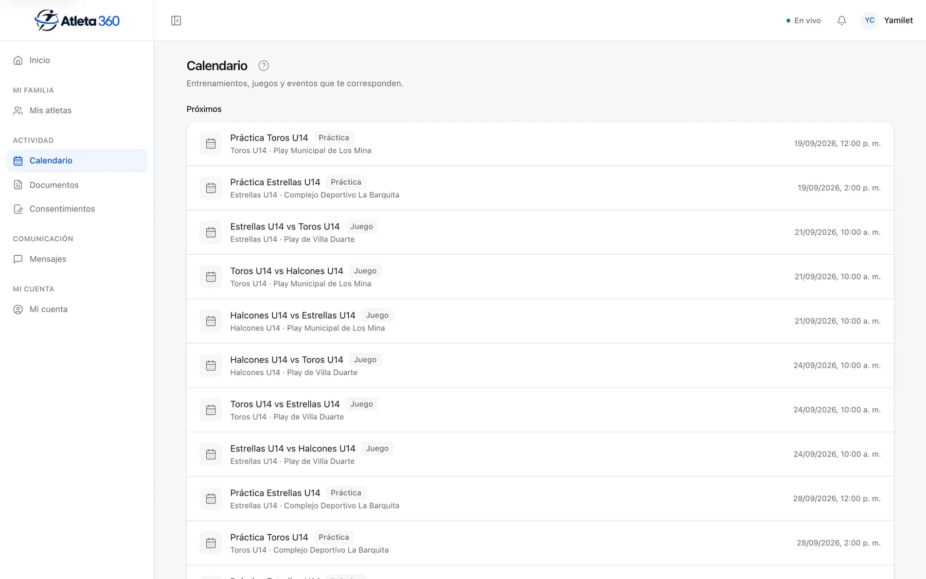 Calendario familiar en el portal de demostración, con las actividades de la semana.