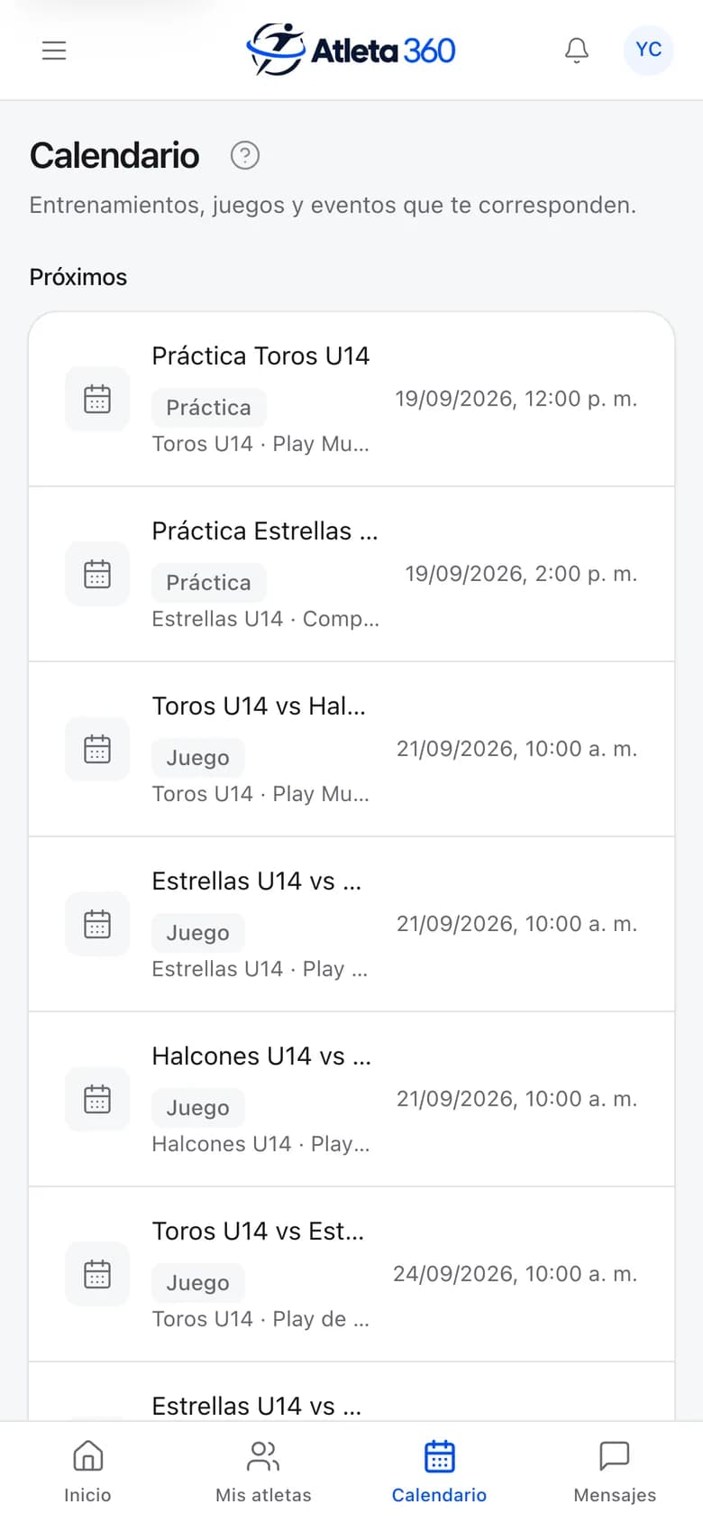 Calendario familiar en el portal de demostración, con las actividades de la semana.