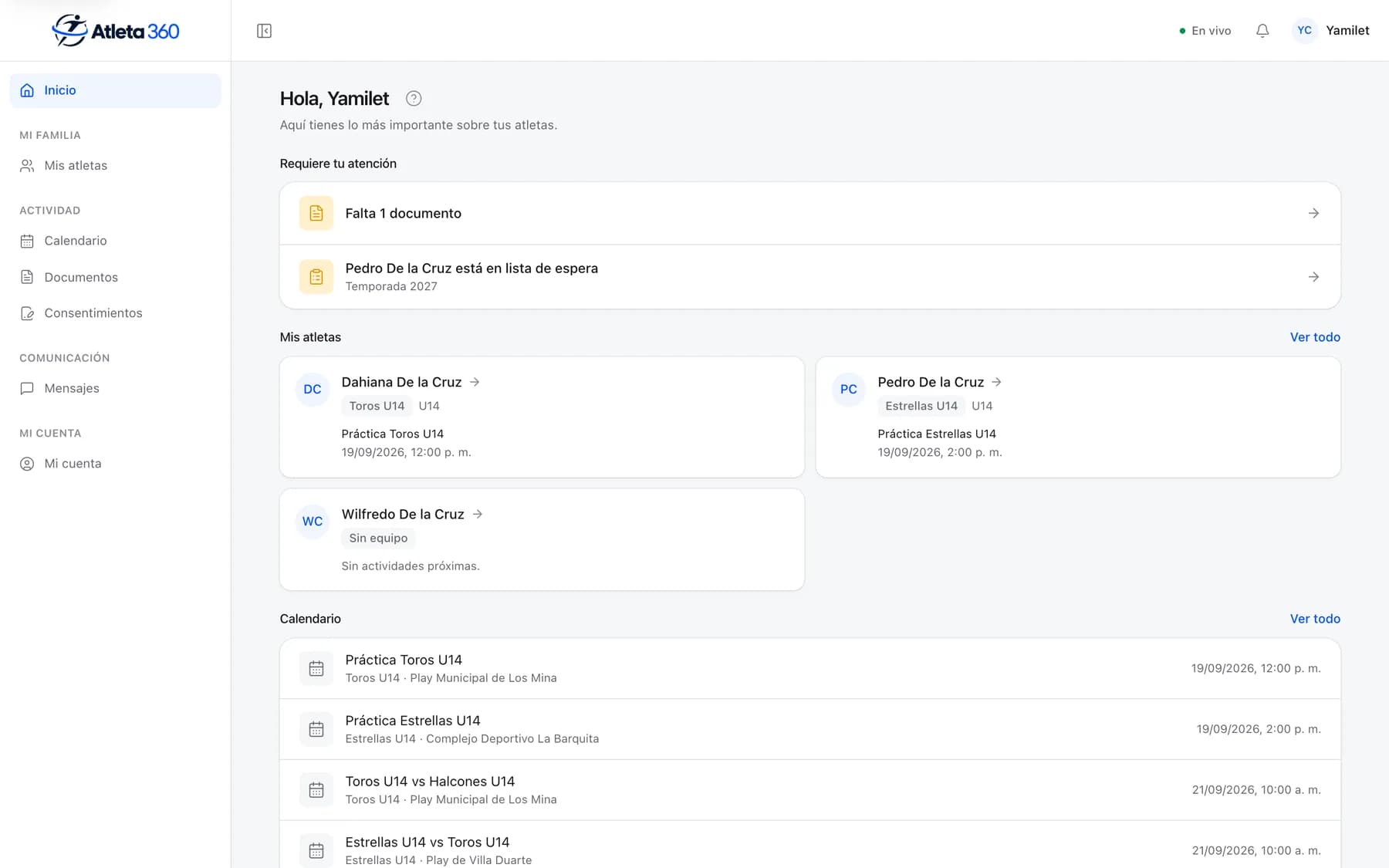 Portal de familia de demostración con los atletas de un tutor y lo que necesita su atención.