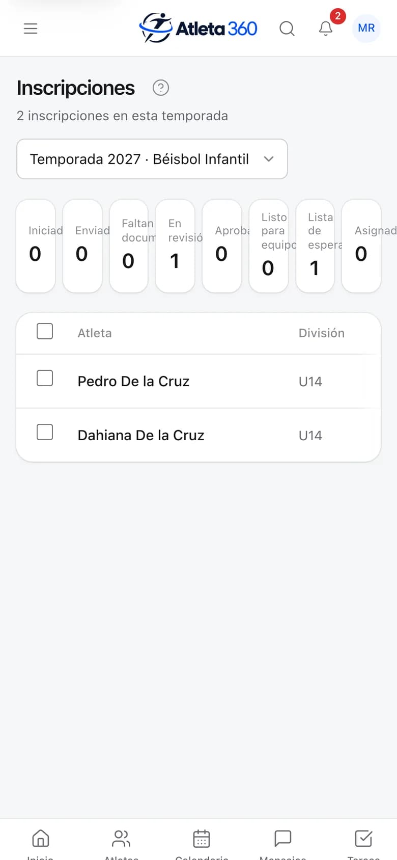 Tablero de inscripciones de una temporada de demostración, con el estado de cada solicitud.